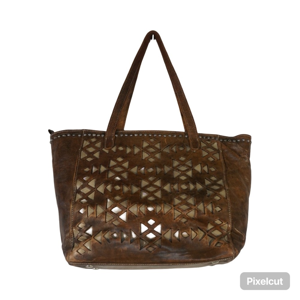 American West Handbag Women Brown Leather Studded Double Shoulder Strap Tote Bag